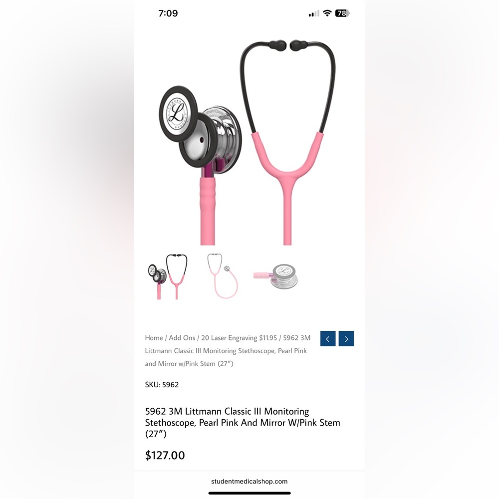3M Littmann Classic III Stethoscope - Pearl Pink with Hard Shell stethoscope cas